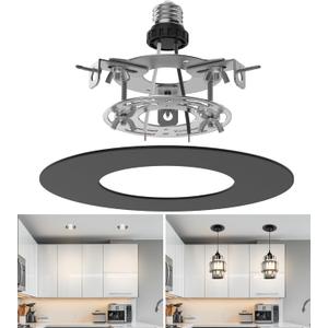 Recessed Can Light Conversion Kit for 5" and 6" Ceiling Fixtures - Pendant/Hanging Light Upgrade, Compatible with Ceiling Fans, Includes 7" Flat Steel Medallion, Black Finish