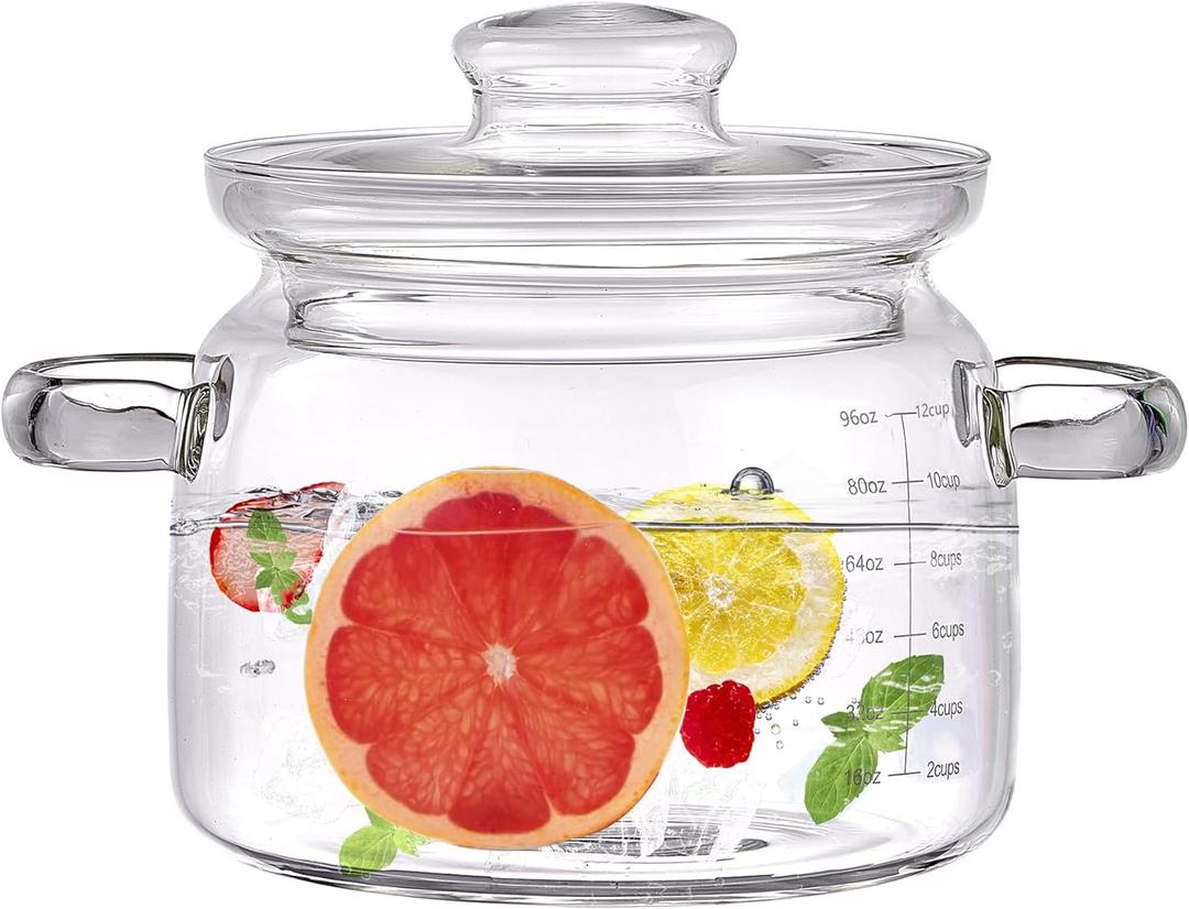3L(96oz) Glass Simmer Cooking Pot with LidHandmade Borosilicate Glass Stockpot with Graduations - Glass Saucepan with Cover for Cooking and Serving