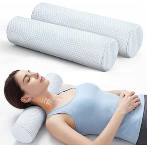 Novabright 2 Pack Cooling Neck Roll Pillow for Pain Relief Memory Foam Round Cylinder Bolster Cervical Round Support Pillow with Washable Breathable Cover for Sleeping(18 x 4 Inch)