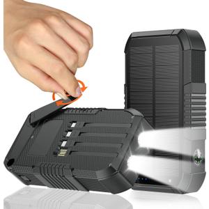 Solar Power Bank 66800mAh Built in Hand Crank and 4 Cables 22.5W Fast Charge,Camping Essentials/SOS/Strobe/Strong Flashlights,Compass Solar Portable Charger Power Bank (Black)