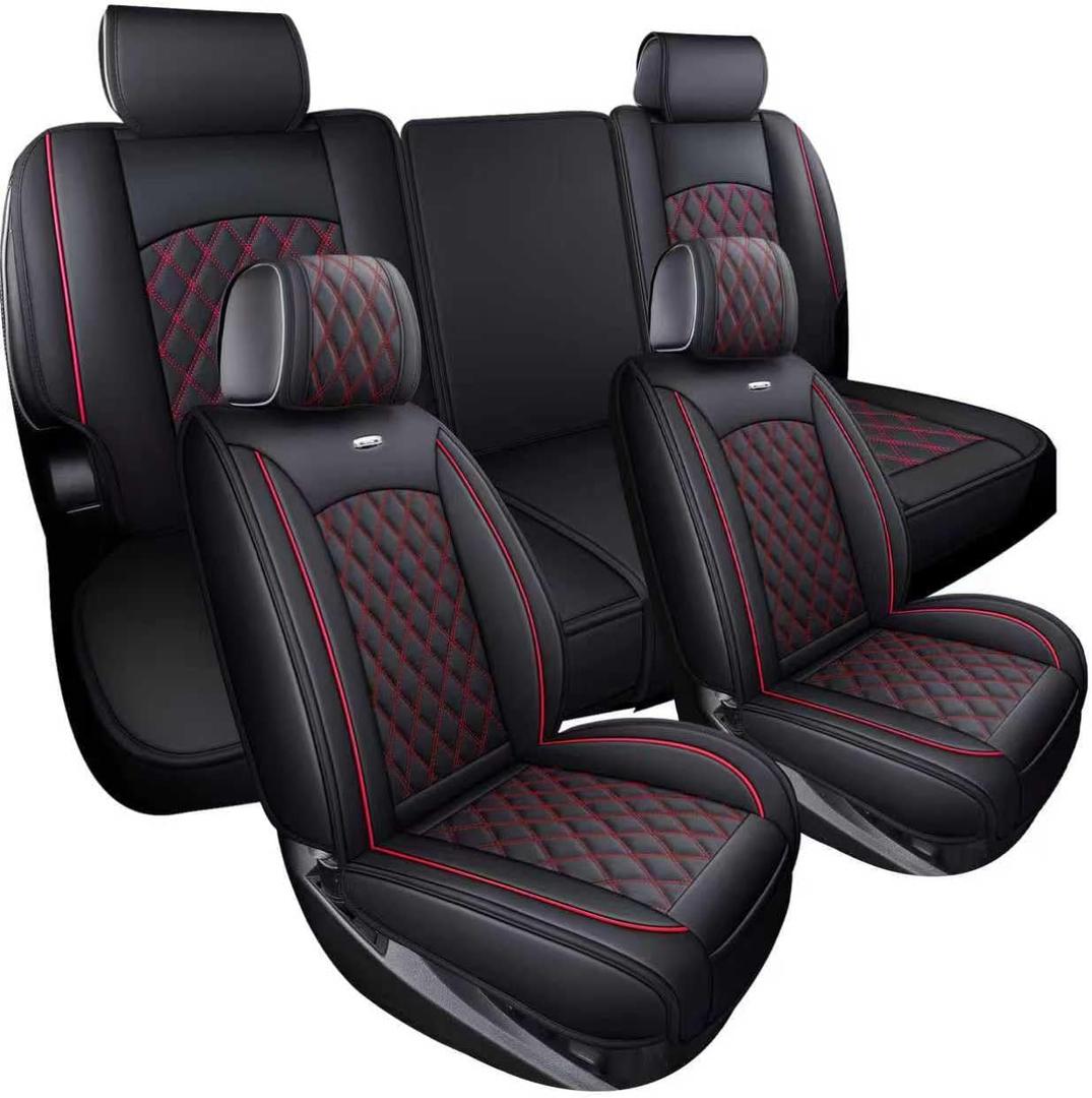 Aierxuan Truck Seat Covers for Chevy Silverado GMC Sierra Trail Boss Z71 Pickup 2007-2026 1500 2500HD 3500HD Crew Double Extended Cab Waterproof Leather (Full Set, Black-Red)
