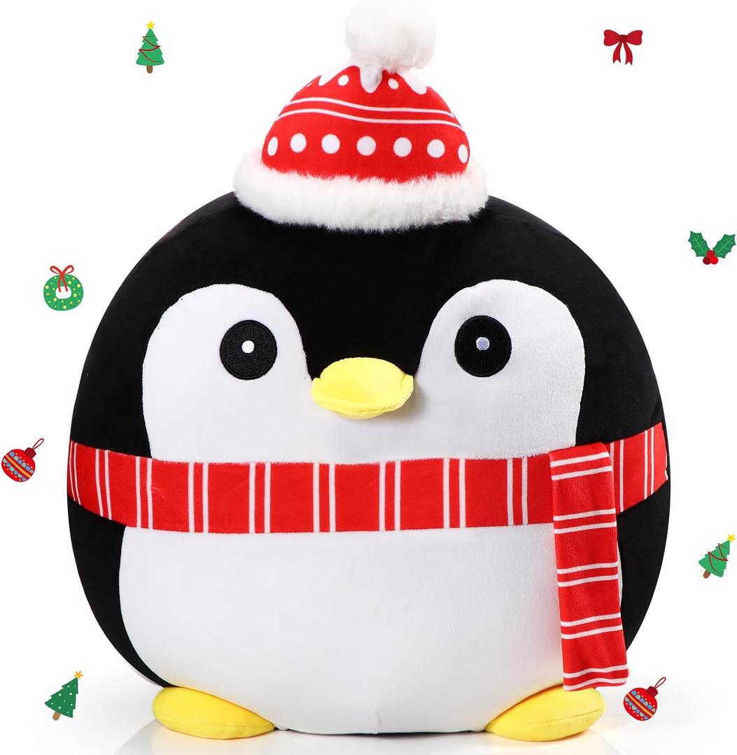Huwena 14 Inch Large Christmas Plush Pillow Decorations Soft Cuddly Xmas Throw Pillow Hugging Stuffed Cushion Gift for Christmas Holiday Party New Year Home Bedroom Sofa Decor(Penguin)