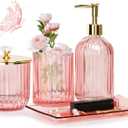 Jenseits Pink Bathroom Accessories Set, 4 Pcs Glass Bathroom Accessory Sets, Soap Dispenser, Toothbrush Holder, Qtip Holder, Vanity Tray, Housewarming Dorm Apartment Decor Home Essentials Gift For Her