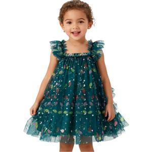 Toddler Girl Christmas Tutu Dress Gilding Printed Sleeveless Layered Tulle Outfit 2-5T (Green)