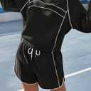 Fisoew Womens Sweatsuits 2 Piece Outfits V Neck Fleece Sweatshirts Contrast High Waisted Shorts Casual Tracksuits Lounge Sets (Black)