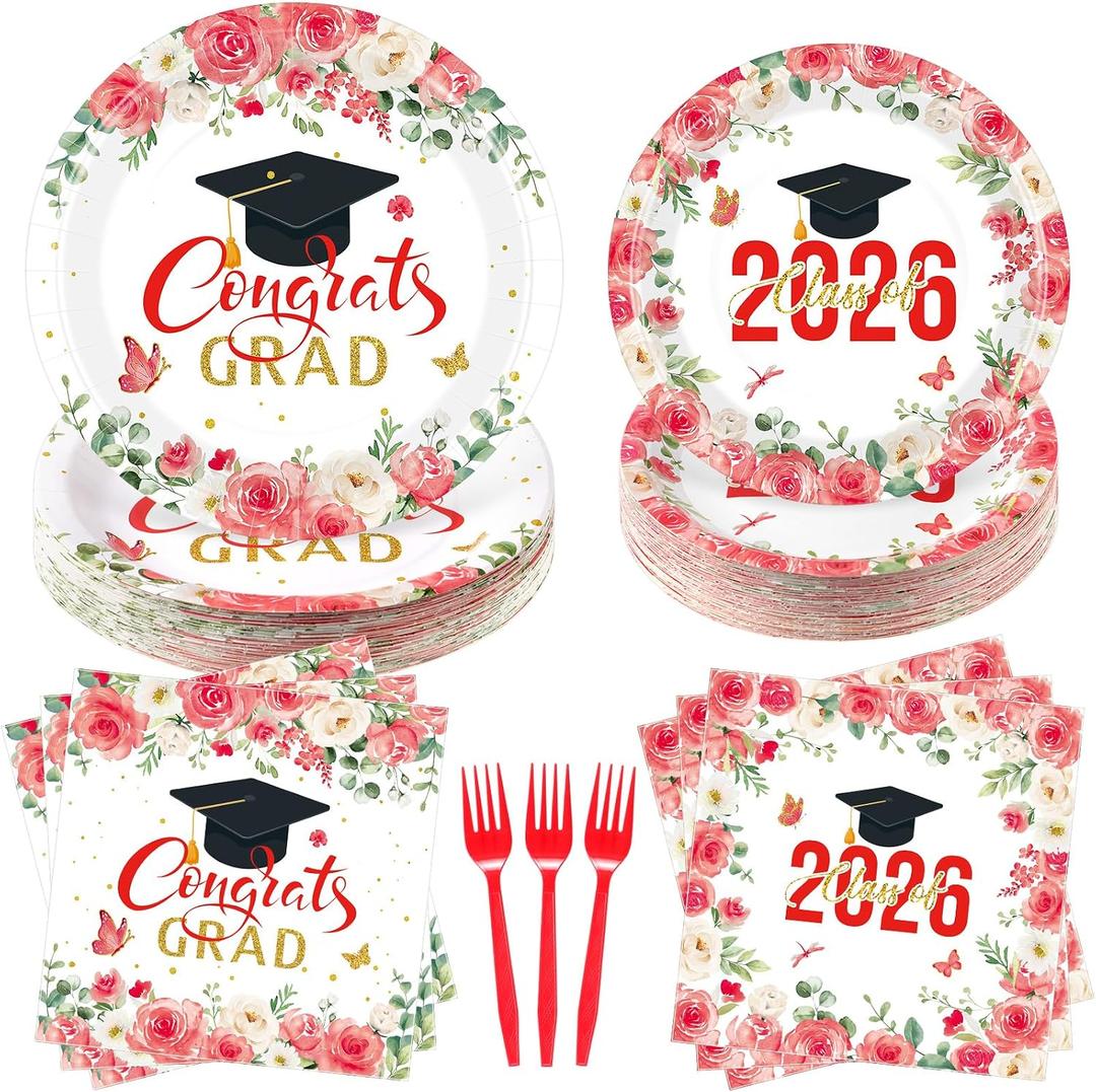 Dispowreath 250 Pcs Red Floral Graduation Plates and Napkins Set 2026, Class of 2026 Red Gold White Congrats Grad Disposable Tableware for 50, Wildflower Freshly Graduated Decorations Party Supply