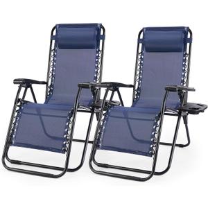 Zero Gravity Chair Set of 2, Lounge Chair Folding Portable Adjustable Camping Reclining Chairs with Adjustable Pollow, Mesh Back, Cup Holder Trays Lawn Patio Chair for Pool Beach - Blue