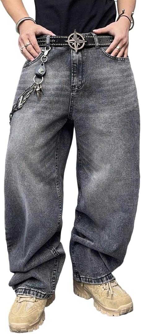 Mens Streetwear Hip Hop Baggy Jeans Wide Leg Skater Denim Pants Loose Long Trousers (Medium, B20 Grey)