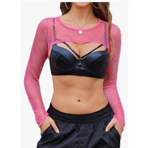 Avidlove Women Fishnet Long Sleeve Crop Top See Through Shirt Sheer Blouse Sexy Outfits, Pink