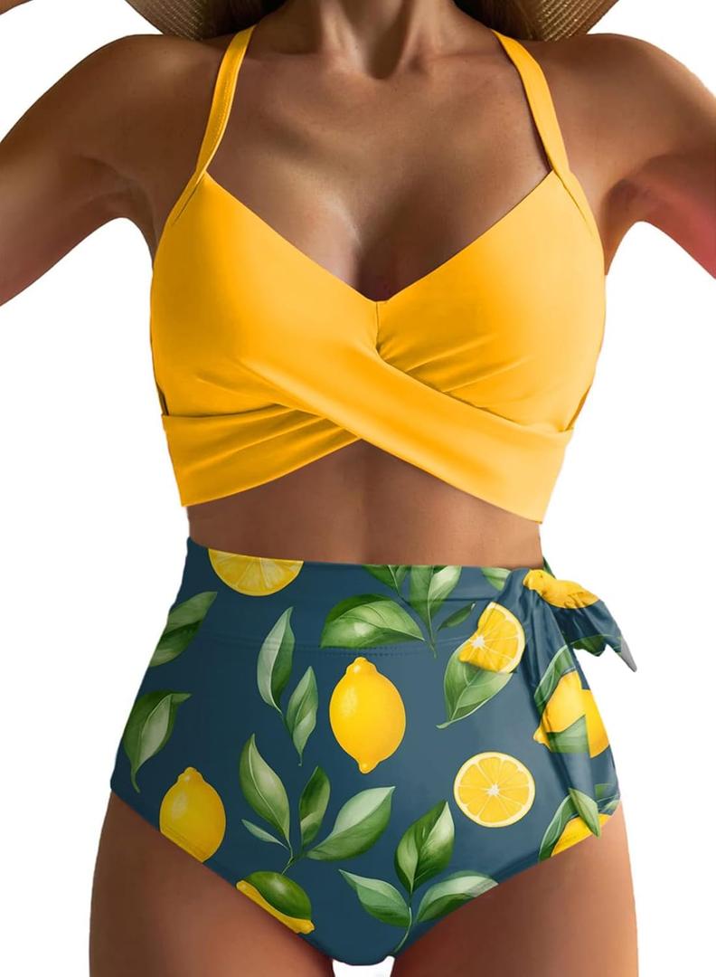Dokotoo Women's High Waisted Floral Bikini Sets Swimsuit Suit for Women 2025 Tummy Control Bathing Suit Swimwear for Summer (Yellow)
