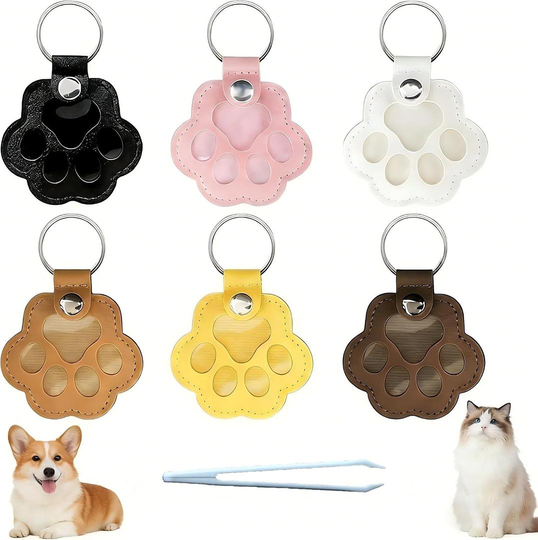 6PCS Pet Hair Storage Keychain with Tweezer, Paw Shaped Leather Memorial Keepsake for Dog & Cat Hair, Sympathy Gifts for Pet Loss, Bag Charm Keychain for Pet Owners