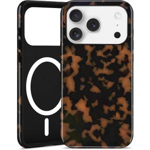 Jusy Compatible with MagSafe Brown Tortoise Shell Print Phone Case for iPhone 17 Pro Max, Amber Trendy Luxury Magnetic Soft TPU and Hard PC Protective Phone Cover for Women Girls - Yellow