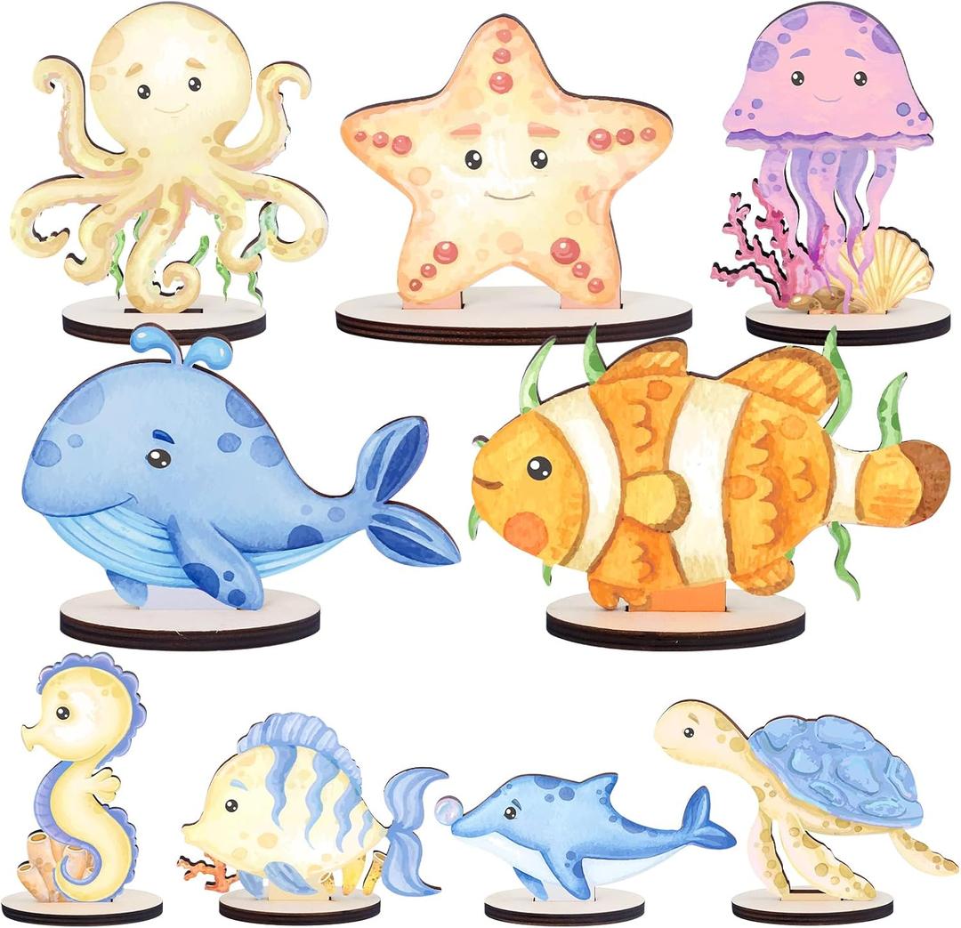 Under The Sea Party Decorations - 9PCS Sea Aniamls Wood Centerpieces for Tables Wooden Cute Turtle Whale Ocean Table Sign Centerpiece Decor Under The Sea Baby Shower Birthday Decor Supplies