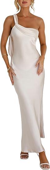 2026 Satin One Shoulder Maxi Dress for Women Summer Silk Formal Elegant Backless Ruffle Sleeveless Wedding Guest Dresses, Small 