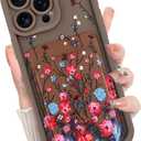 MOWIME Compatible with iPhone 16 Pro Max Case with Card Holder,Cute Fashion Red Floral Translucent Matte Soft TPU Back Shockproof Anti-Scratch Wallet Phone Case Cover Women Girls-Brown