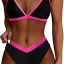 SUUKSESS Women Triangle High Cut Bikini Sets Sexy High Waisted 2 Piece Swimsuit (Medium, 57 Black Pink)