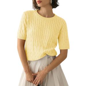 Saodimallsu Womens Cable Knit Sweater Tops Short Sleeve Crew Neck Loose Casual Summer Pullover Sweaters (Yellow, S)