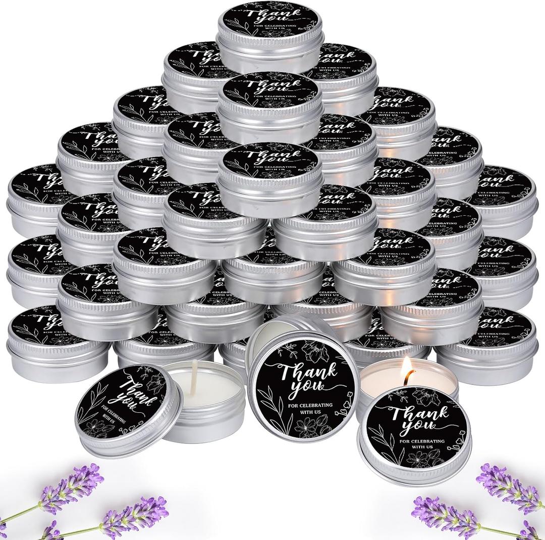 MTLEE 50 Pcs Black Floral Wedding Thank You Candles Gifts for Guests, Bridal Shower Baby Shower Favors, 1 oz Mini Lavender Scented Soy Wax Candles Tin Bulk for Birthday Aromatherapy Party Favors