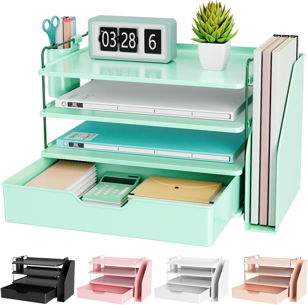 Kitsure Desk Organizer - 4-Tier Office Desk Accessories with Drawer  Pen Holder, Tool-Free Assembly Organizer with Non-Slip Pads, for Office Supplies Storage, Plastic, 13.3" x 8.0" x 10.8", Green