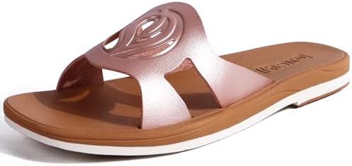ONCAI Slides for Womens,Flat Dressy Square Toe Summer Beach Sandals for Woman with Comfortable Non-slip Rubber Soles Size 7.5