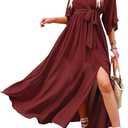 ANRABESS Womens 1/2 Sleeve Beach Wedding Guest Maxi Dresses 2025 Fall Wrap V Neck Boho Floral Flowy Slit Long Summer Dresses (Large, Red)