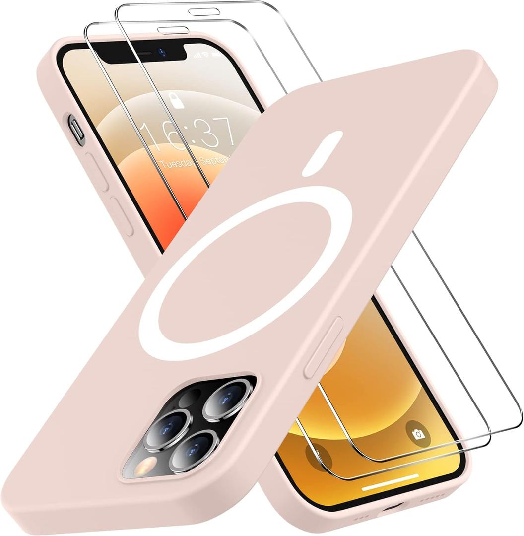 [6 in 1] Magnetic Silicone for iPhone 12 Phone Case/iPhone 12 Pro Phone Case,[Compatible with Magsafe][Glass Screen Protector][Soft Anti-Scratch Microfiber Lining] Shockproof Case 6.1 inch-Sand Pink