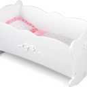 KidKraft Tiffany Bow Scalloped-Edge Wooden Lil Doll Rocking Cradle with Comforter, Pad and Pillow - White, Gift for Ages 3+ (Pink)