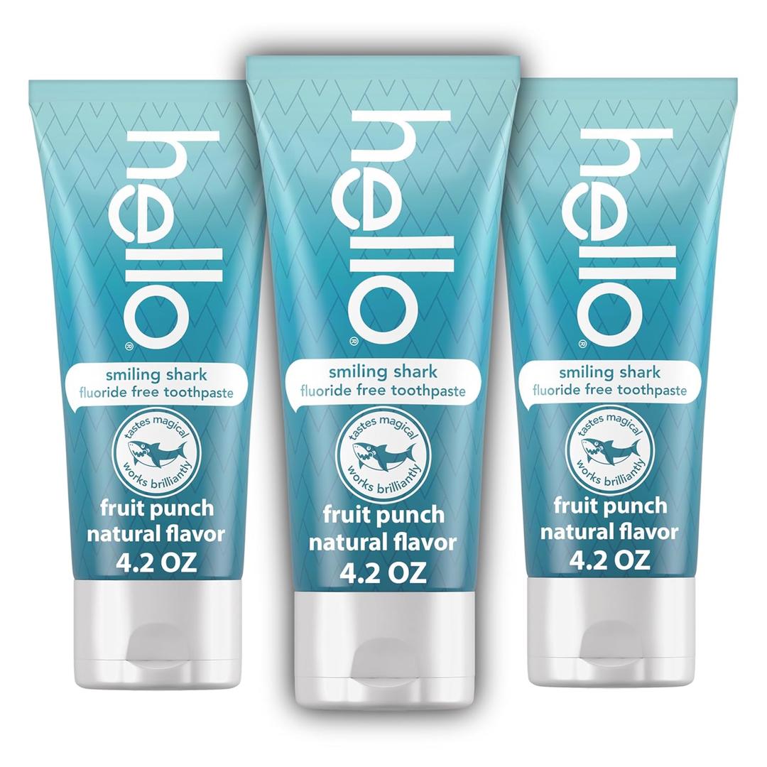 Hello Smiling Shark Fluoride Free Kids Toothpaste, Natural Fruit Punch, 4.2 Oz Tube (Pack of 3)