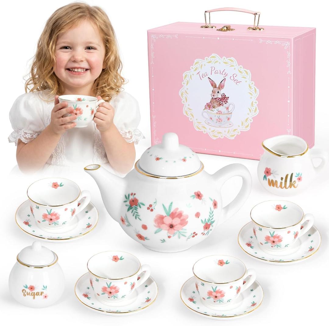 Porcelain Tea Set for Girls, Tea Party Set for Little Girls, Kids Tea Set Kitchen Pretend Play, Princess Tea Time Playset with Ceramic Teapot Cups Carry Case, Toddler Girl Toys Birthday Gifts Age 3+