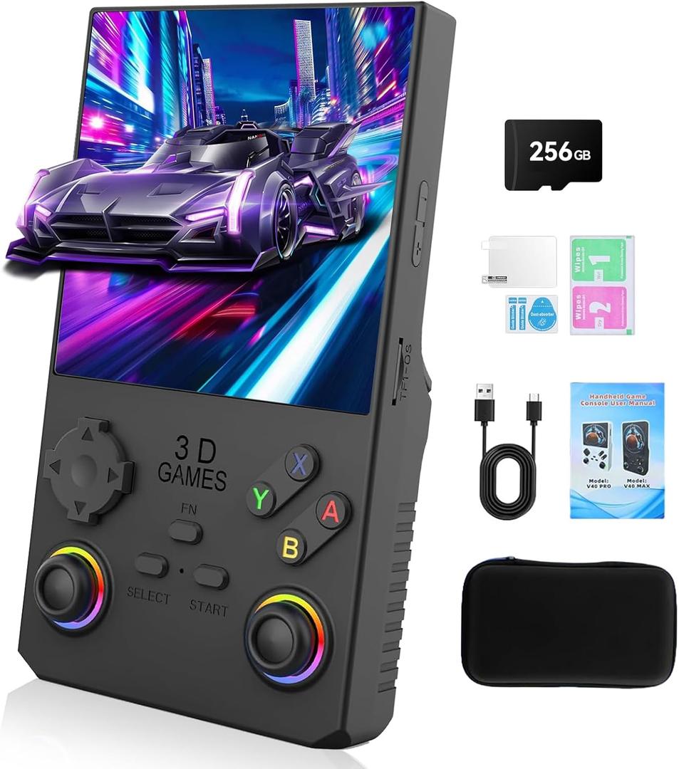 GWALSNTH V40 MAX Retro Handheld Game Console, 40000 Games Preloaded 256G TF Card, Built-in 49+ Emulators, 4.0 Inch 4K HD IPS Screen, 4000mAh Battery, Portable Pocket Video Game Console (Black Color)