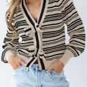 Saodimallsu Womens Striped Cropped Sweaters V Neck Cute Bow Tie Puff Sleeve Loose Knit Trendy Pullover Sweater (Small, Apricot)