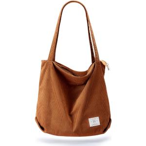 KALIDI Women Corduroy Tote Bag Zipper Casual Tote's Handbag Big Capacity Shoulder Bag with Pockets (Brown)