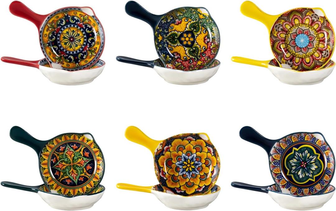 Henten Home 2 oz Ceramic Dipping Bowl with Handle, Boho Sauce Dish Set of 6, Colorful Salsa Bowls for Sushi, Condiment, Appetizer, Side Dishes, Dishwasher & Microwave Safe