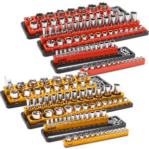 ELEAD Magnetic Socket Holder Organizer Set - 6-Piece Durable 1/2, 1/4, 3/8 Inch Drive Holder, Tool Box Storage Tray for Wrench, Screwdriver, Mechanic Tools, Portable Toolbox Accessory (Red&orange)