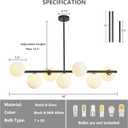 7 Lights Black Linear Globe Chandeliers, Mid Century Modern Chandelier with Milk Glass Shade for Dinning Room, Sputnik Ceiling Light Fixtures Over for Kitchen, Pendant Lights for Living Room