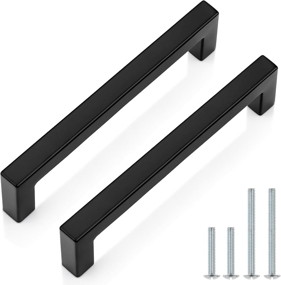 Probrico 50 Pack| Black Cabinet Handles 5 Inch(128mm) Hole Centers Drawer Pulls Stainless Steel Kitchen Cabinet Handles Matte Black Square Drawer Handles Modern Cabinet Hardware