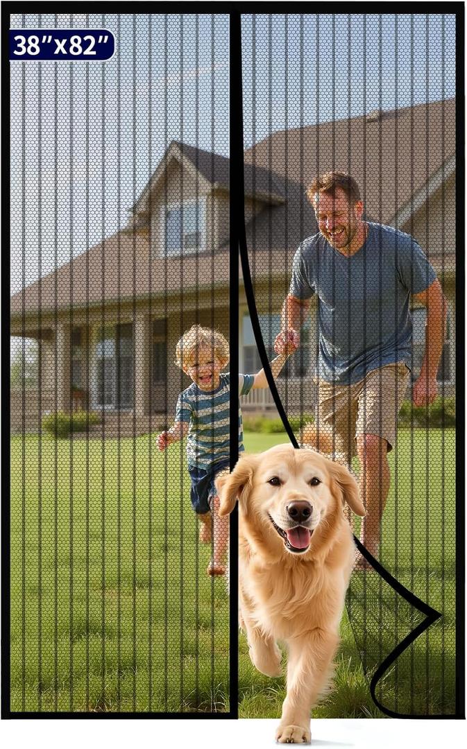 Kitsure Magnetic Screen Door - 38.0 x 82.0 in Retractable Screen Door Mesh for Front Door or Sliding Door, Pet & Kid Friendly, Hands-Free Closure Keeps Bugs Out & Lets Breeze in, Stripe Black