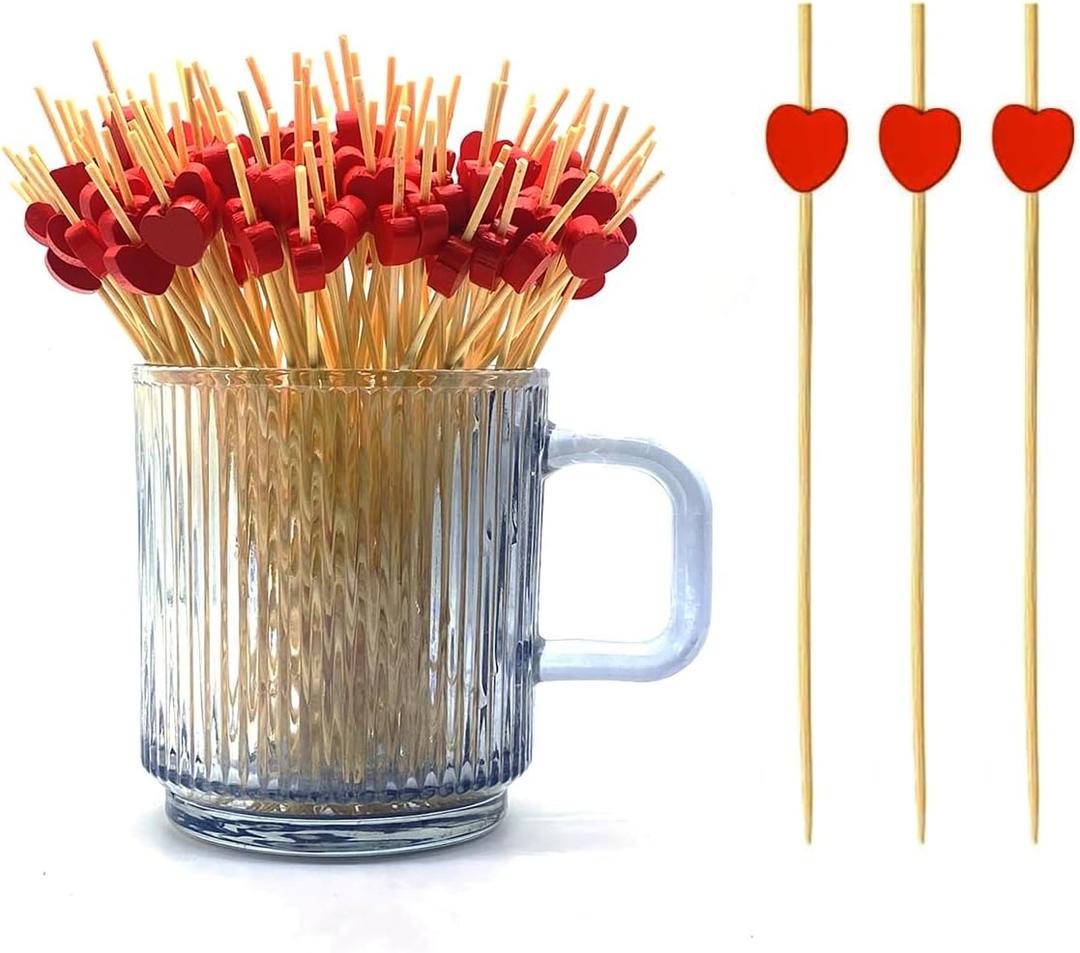 120 pcs 5.9 in long Red heart Bamboo Cocktail, Heart Toothpicks for Appetizers, Natural Bamboo Food Picks for Valentines Day,Propose Marriage,Wedding Party.