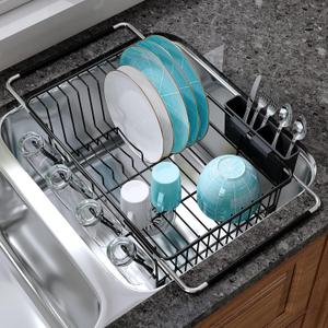 Dish Drying Rack Over the Sink In Stainless Steel Black Expandable Drainer for Small Kitchen, Counter Space Saving Compact Inside Sink Plate Dryer, Adjustable Hanging Metal Wire Strainer Drain Holder, For 11.5"-30"w Sink