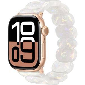 AIRSPO Resin Band Compatible with Apple Watch 38/40/41/42/44/45/46/49mm Women Fashion Handmade Dressy Watch Bands Replacement Series 11-1/SE (Crescent Moon) (Aurora White -Starlight)