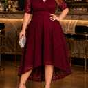 Plus Size Wedding Guest Dress Fall Formal Lace Burgundy Faux Wrap V Neck High Low Short Sleeve Cocktail Party Maxi Dresses (Red, M)