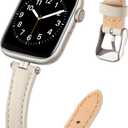 STIROLL Thin Leather Band Compatible with Apple Watch Bands 41mm 40mm 38mm 42mm(Series 11 10) Women, Stylish Top-Grain Leather Strap Slim Wristband for iWatch SE3/2/1 Series 9 8 7 6 5 4 3 2 1, Ivory White/Starlight