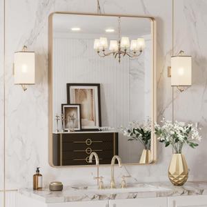 LOAAO 24X32 Gold Bathroom Mirror, Rounded Rectangle Gold Frame Mirror, Brushed Gold Bathroom Vanity Mirror Wall-Mounted, Anti-Rust, Hangs Horizontally or Vertically