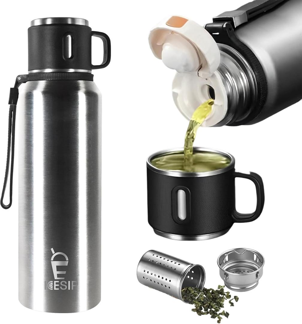 Stainless Steel Insulated Bottle, 27oz with cup Vacuum Insulated Water Bottle, Thermo for Hot Drinks/Cold Drinks,24-Hr Insulation Commute, Travel (Silver)