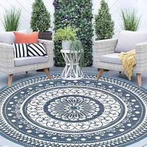 Cekene Round Outdoor Rugs Waterproof 10Ft Reversible Outdoor Patio Rugs Portable RV Camping Mats Lightweight Plastic Straw Rugs Outdoor Area Rug for Patio Picnic Beach BBQ, Black/ Camel