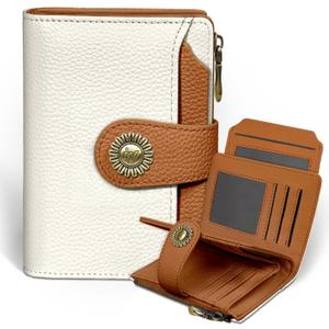 Beige Small Wallet Women RFID Blocking Bifold, Credit Card Holder, Zipper Coin Pocket, PU Leather, Compact, Travel, 4 ID Window, 14 Card Slots, Cash Purse, Ladies Woman Female Girls