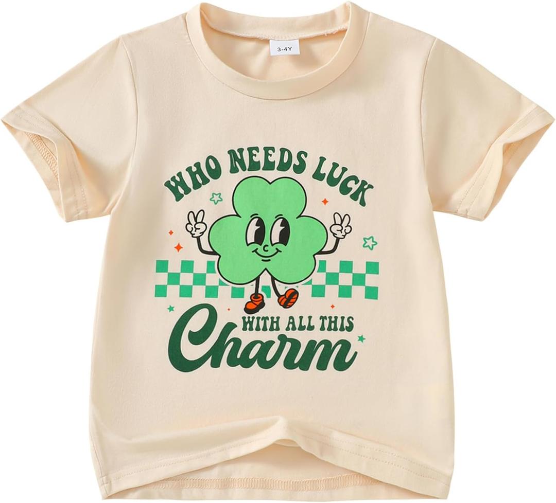 Little Girl St Patricks Day T-Shirt Lucky Clover Top Toddler Girl St Patricks Day Outfit 6-7 Years (Beige)