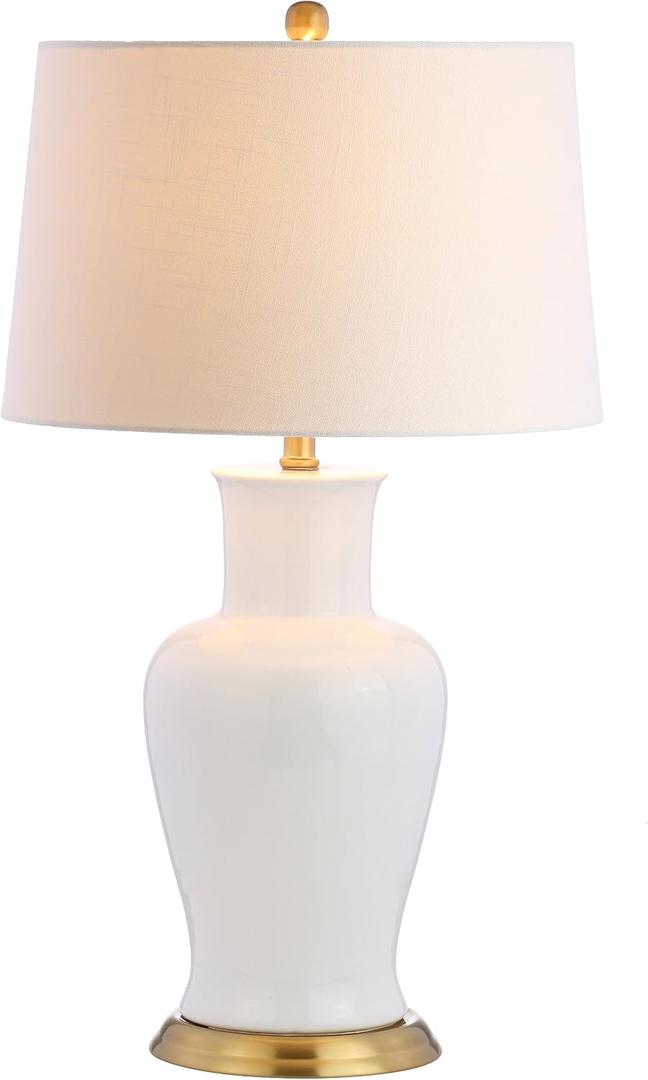 JONATHAN Y 29" White/Gold Traditional Ceramic Urn LED Table Lamp for Bedroom Decor, White Linen Drum Shade, Classic Nightstand Lamp for Living Room, LED Bulb Included JYL4026A