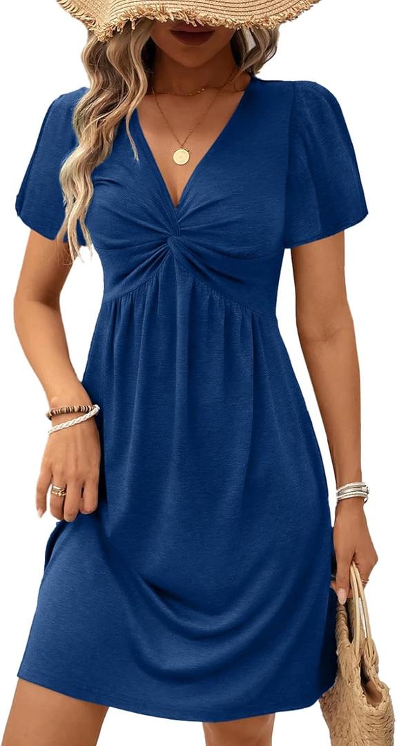 Acelitt Womens Casual Summer Twist Front V Neck Short Sleeve Mini Dress, S (Dark Blue)