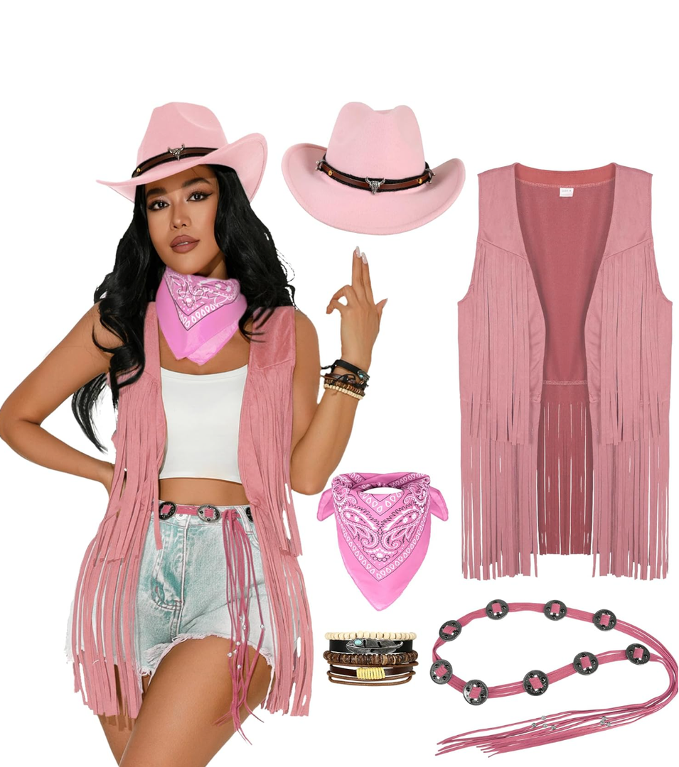 GERVAISE Womens Western Cowgirl Costume 70s Hippie Tassels Fringe Vest outfit Hat 5pcs Large